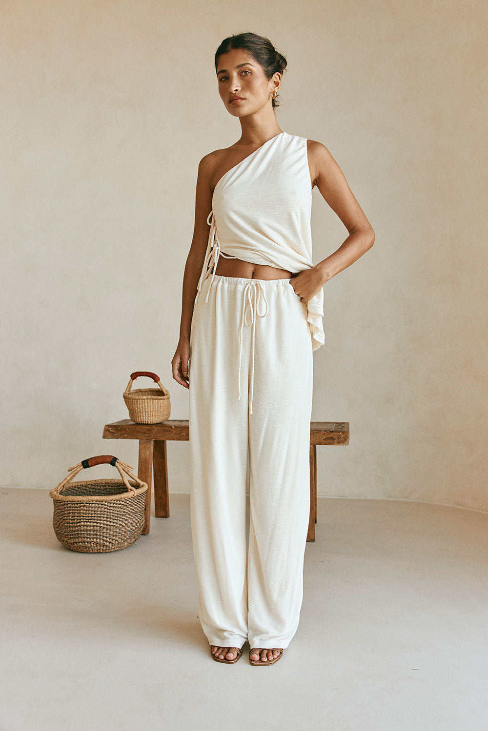 Cream High Waist Elastic Drawstring Zen Pants