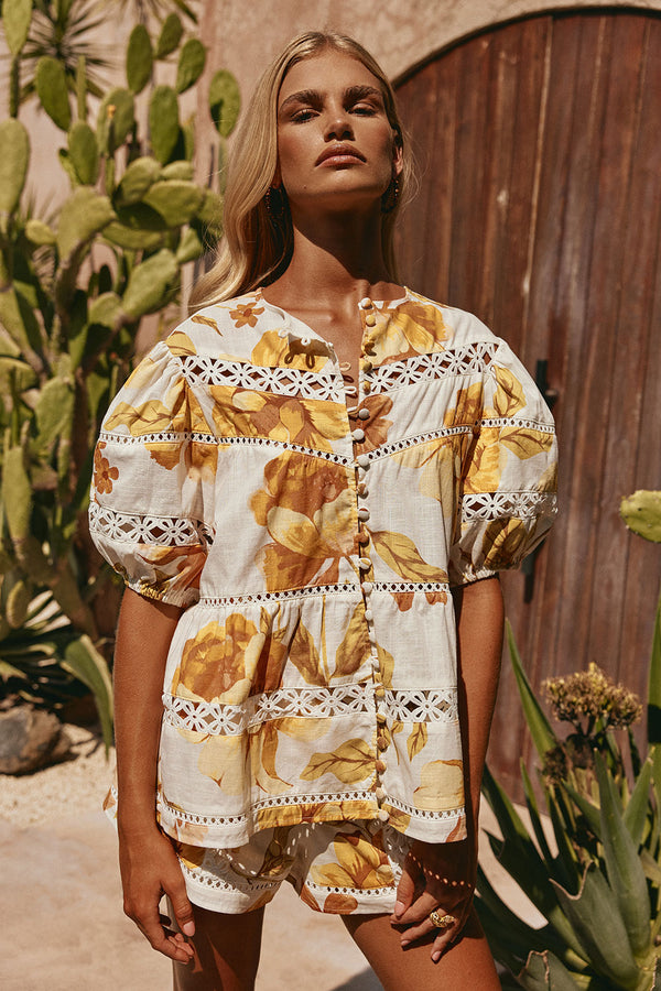 White Agalia Floral Print Button Up Jara Blouse