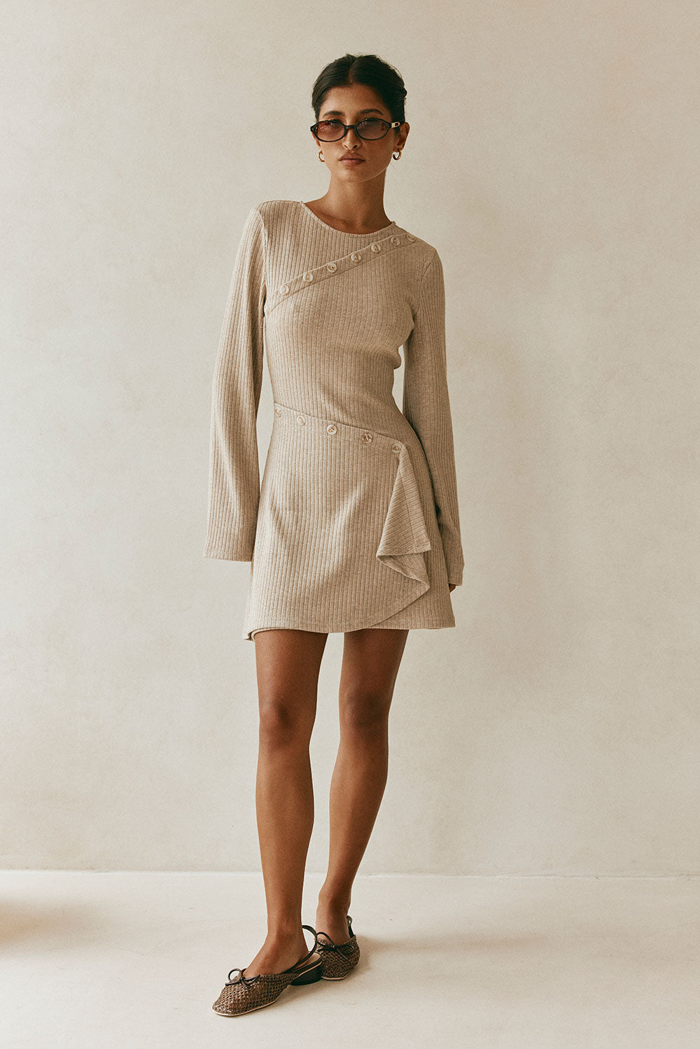 Tan Ribbed Long Sleeve Button Mini Alexia Dress