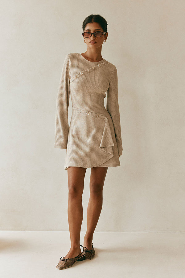 Tan Ribbed Long Sleeve Button Mini Alexia Dress