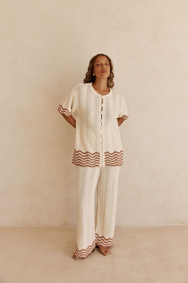 Cream Wavy Cotton Knit Button Up Janaya Top