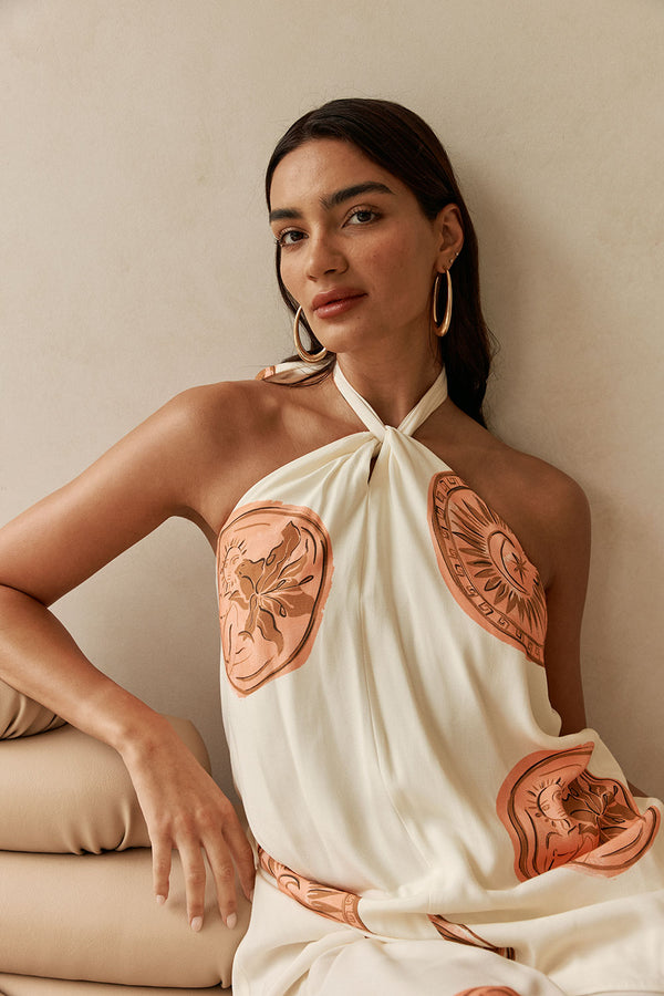 Beige Nomisma Sea Shell Print Twist Halter Rosalee Top