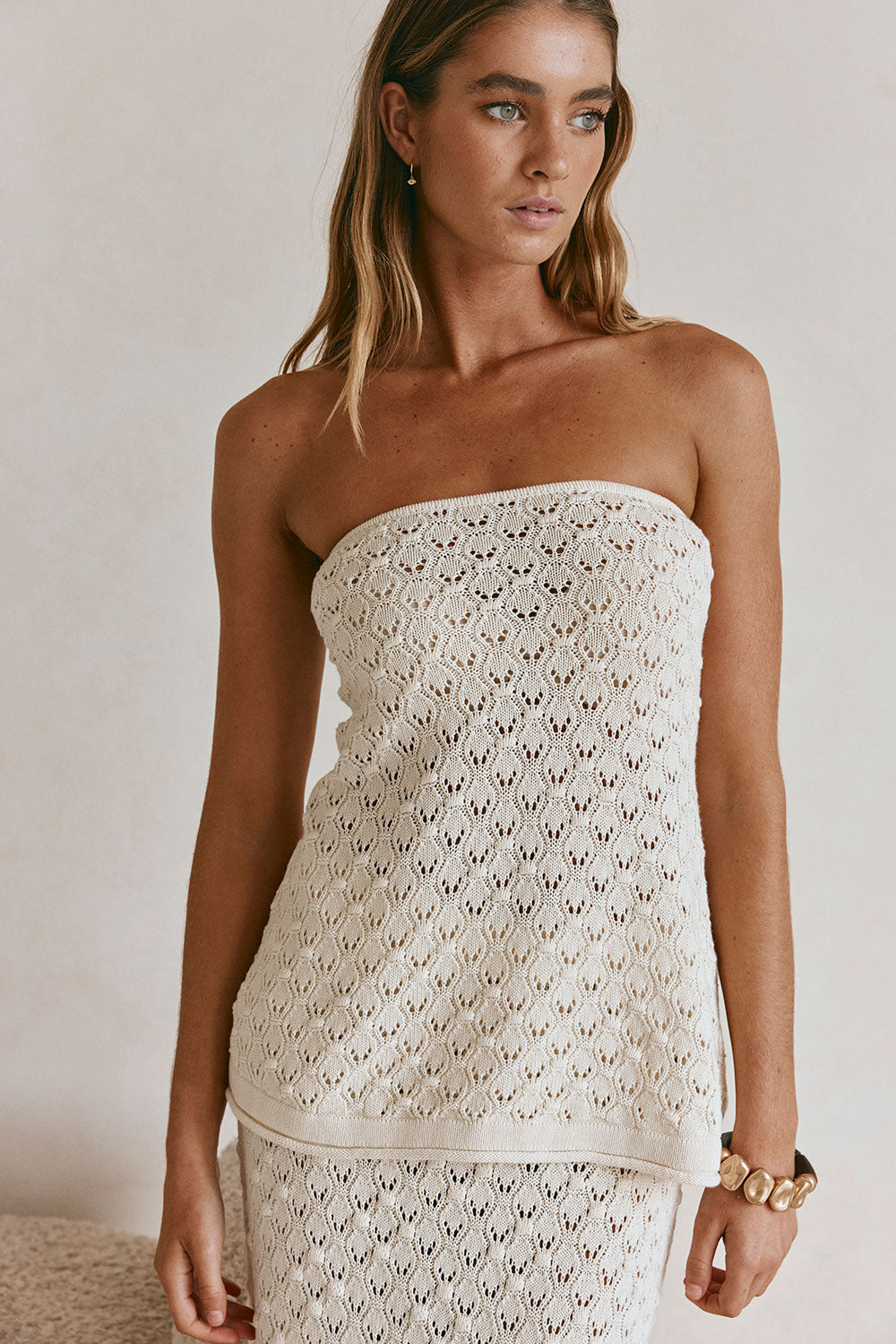 Cream Crochet Knit Strapless Lonline Ophelia Top