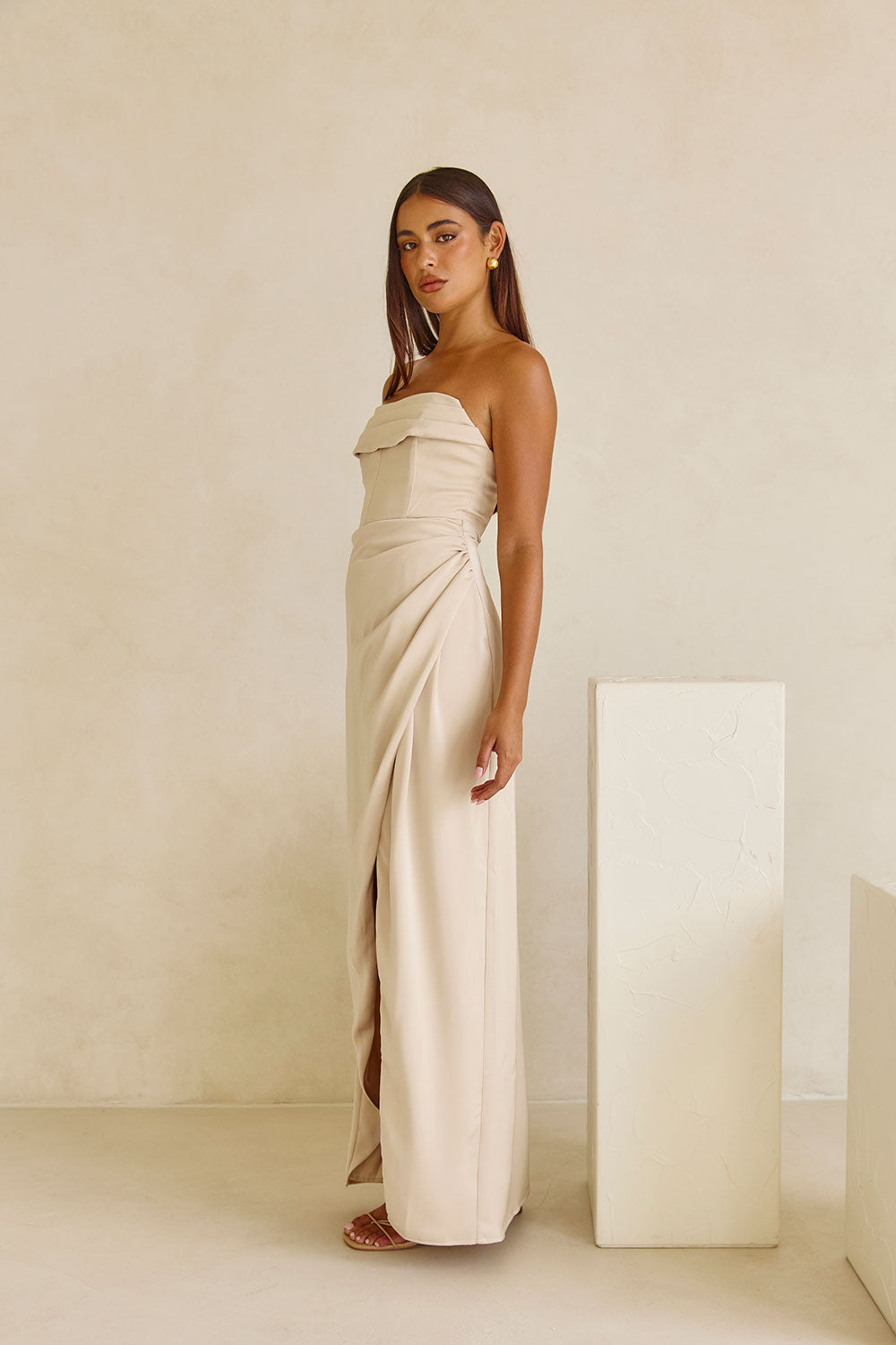Champagne Strapless Ruched Midi Pela Midi Dress