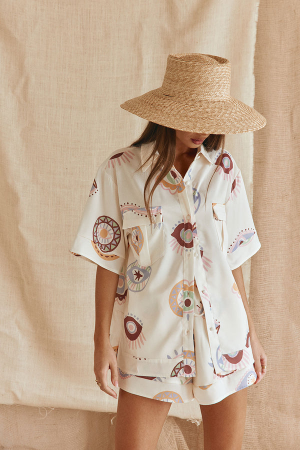 Cream Matia Print Button Up Marika Top