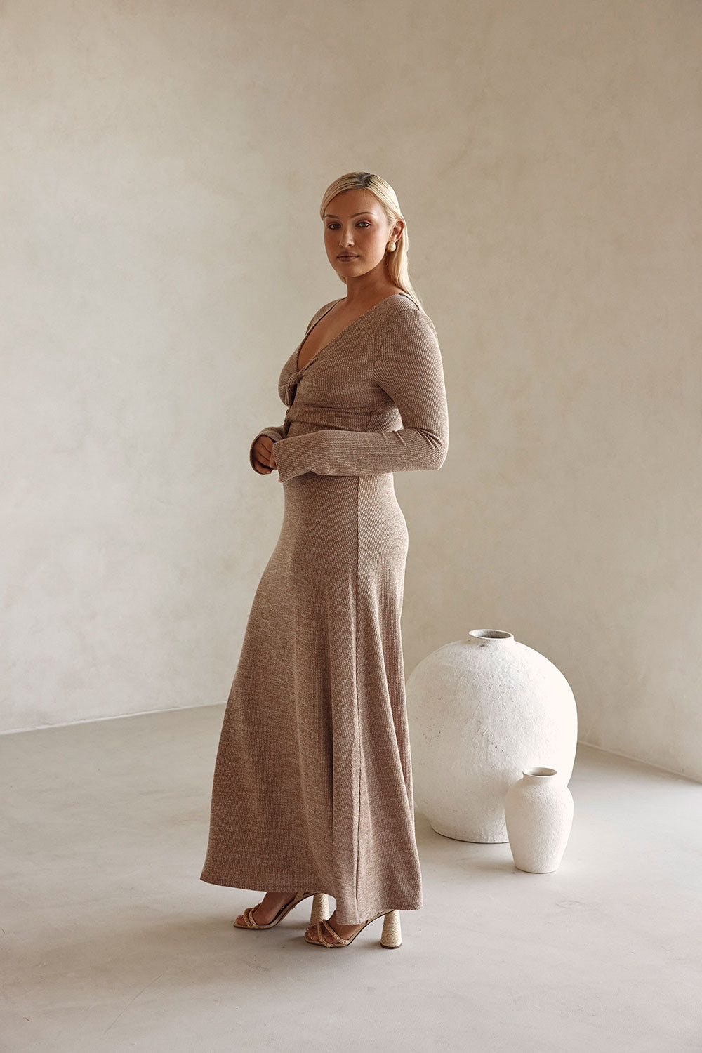 Tan Long Sleeve Cut Out V Neck Maxi Belora Dress