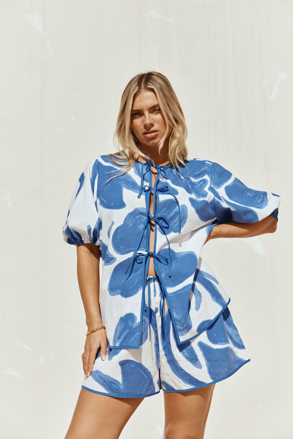 Blue Ada Flora Print Tie Puff Sleeve Pax Top