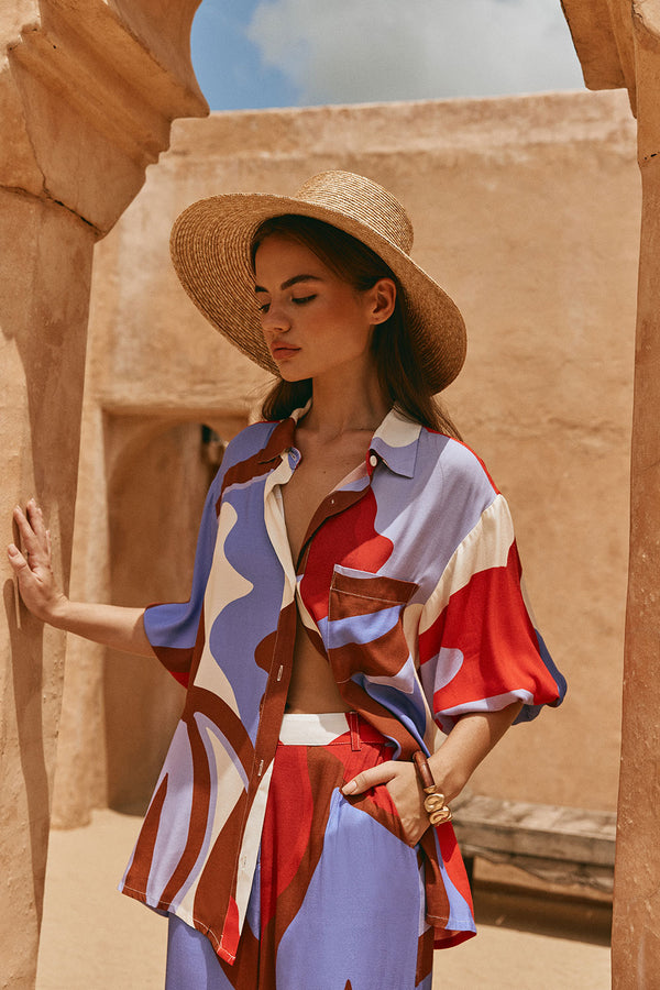 Valley Red Print Button Up Short Sleeve Dia Top