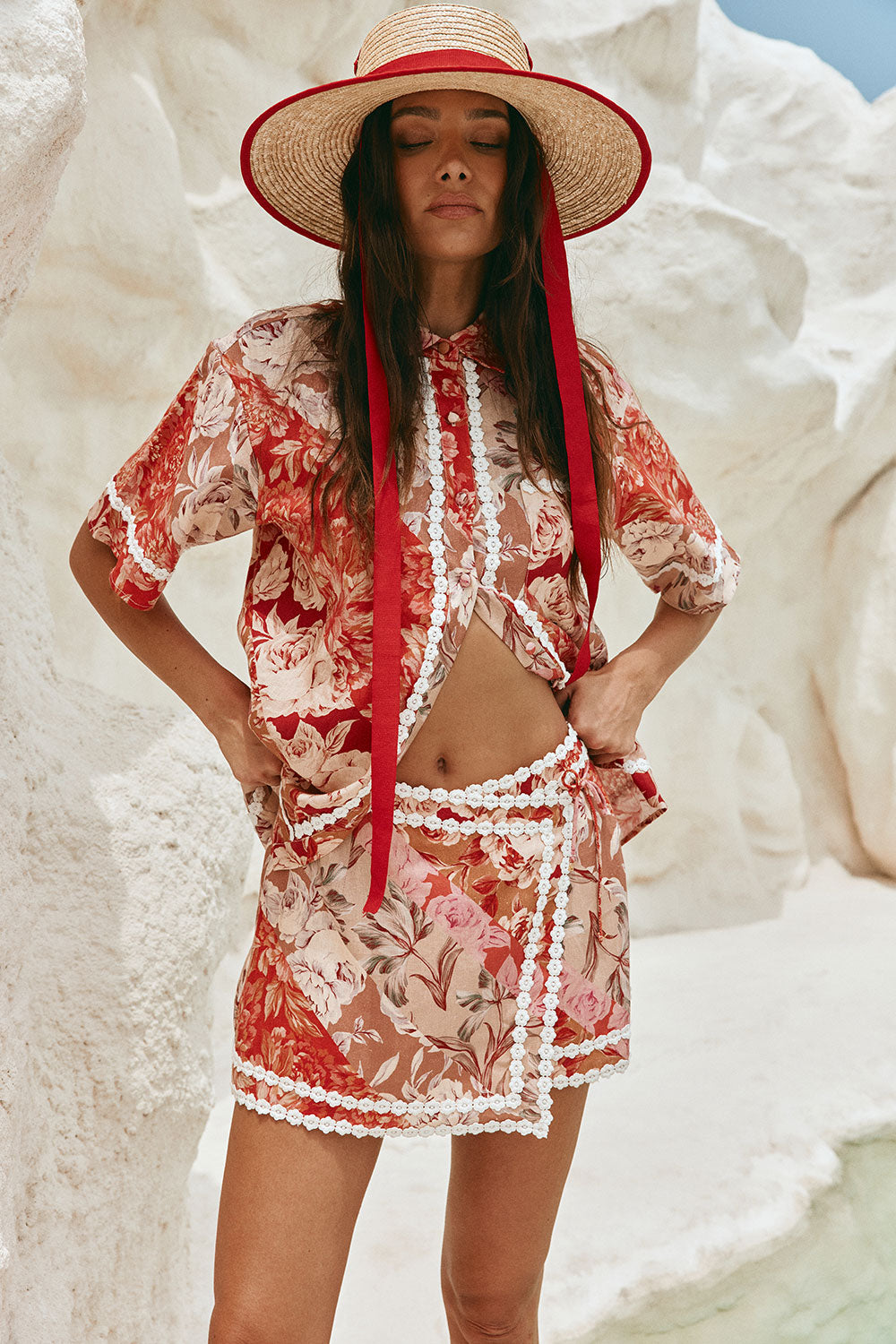 Red Floral Solafleur Print Wrap La Dolce Vita Skirt