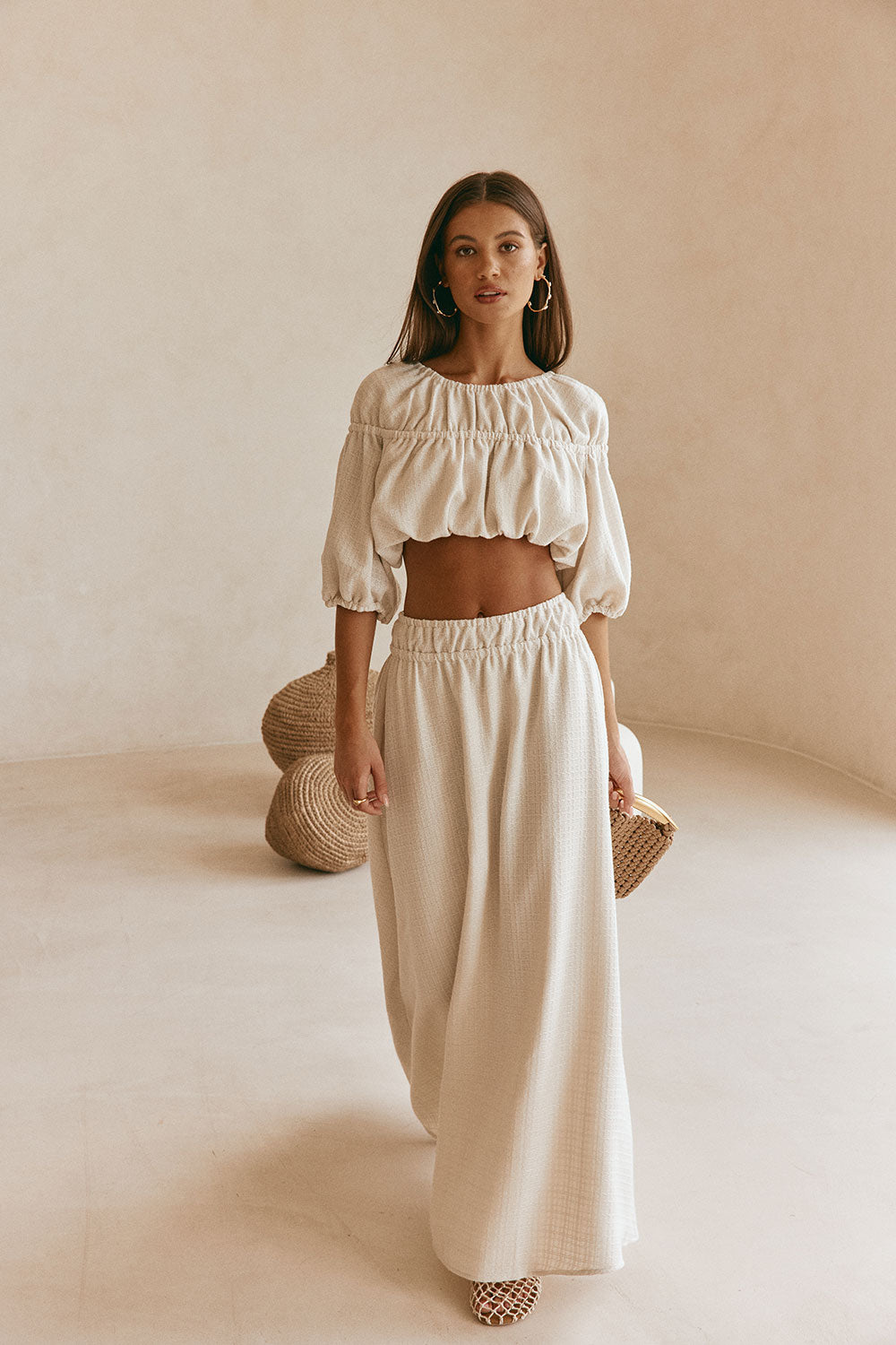 Beige Ruched A Line Maxi Astra Skirt