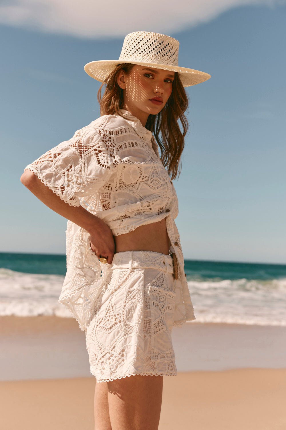 White Embroidered Cutwork Pocket Cielo Shorts