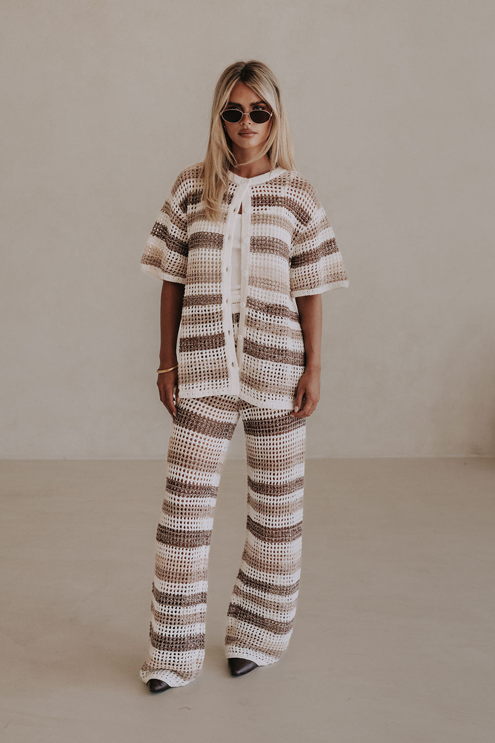 Brown and White Stripe Kint Button Up Bristol Top