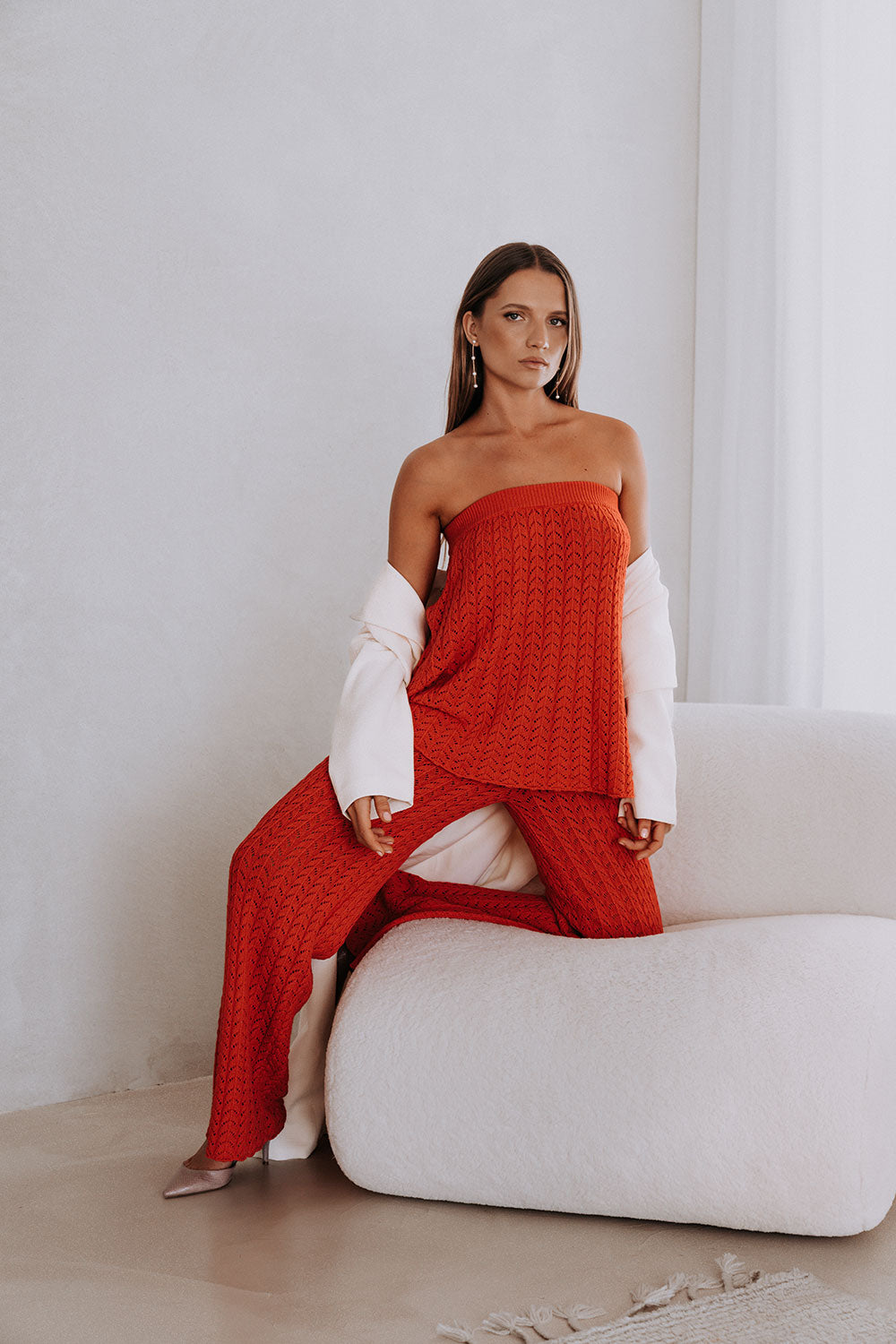 Red Cotton Knit Strapless Athena Top