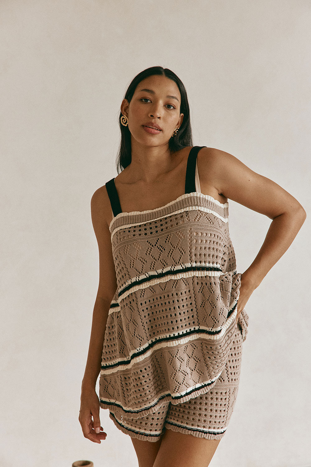 Brown Crochet Knit Cami Eleza Top