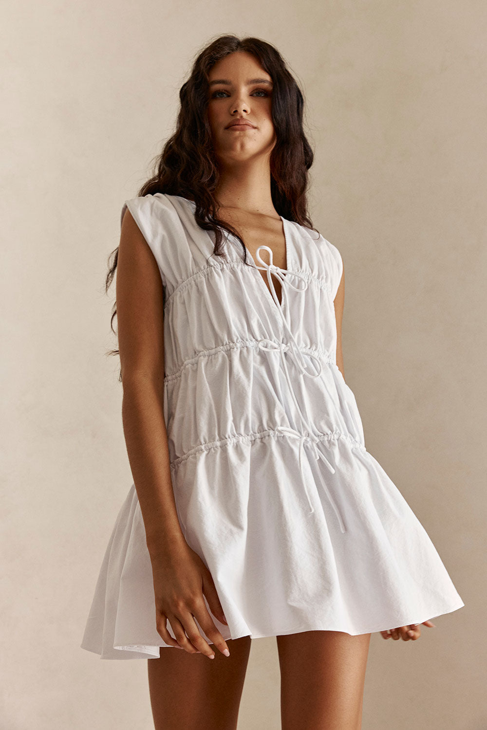 Bridal White Gathered Drawstring Mini Joslin Dress