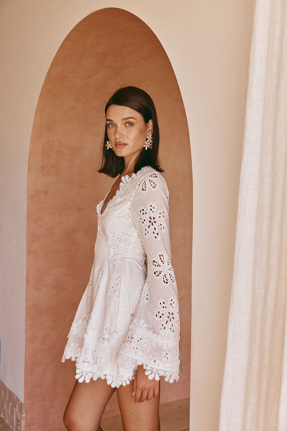 Simona Long Sleeve Embroidered Front Tie Mini Dress - Stella Marina Print - White