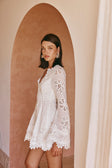 Simona Long Sleeve Embroidered Front Tie Mini Dress - Stella Marina Print - White