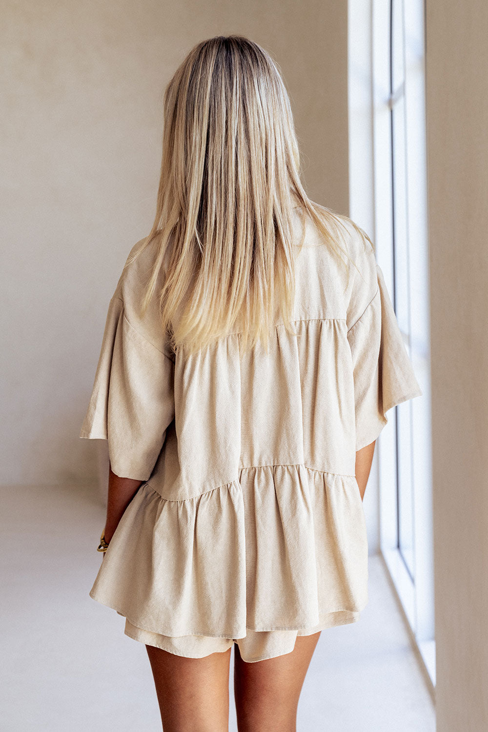 Beige Short Sleeve Button Up Collar Luna Top