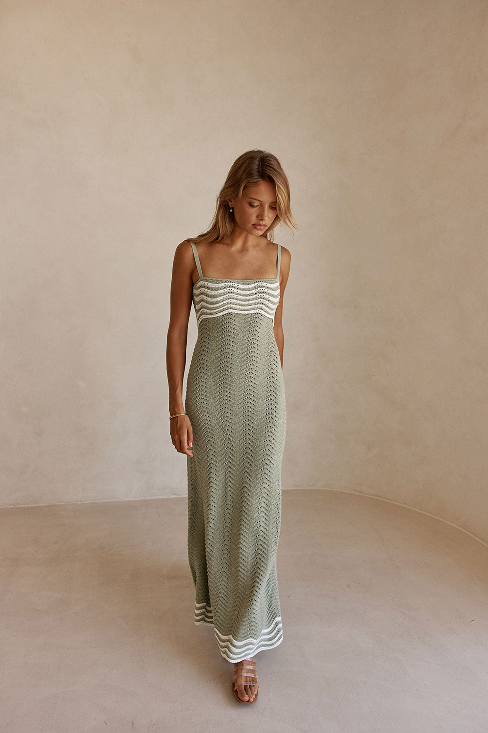 Khaki Green Wavy Knit Maxi Cielo Dress