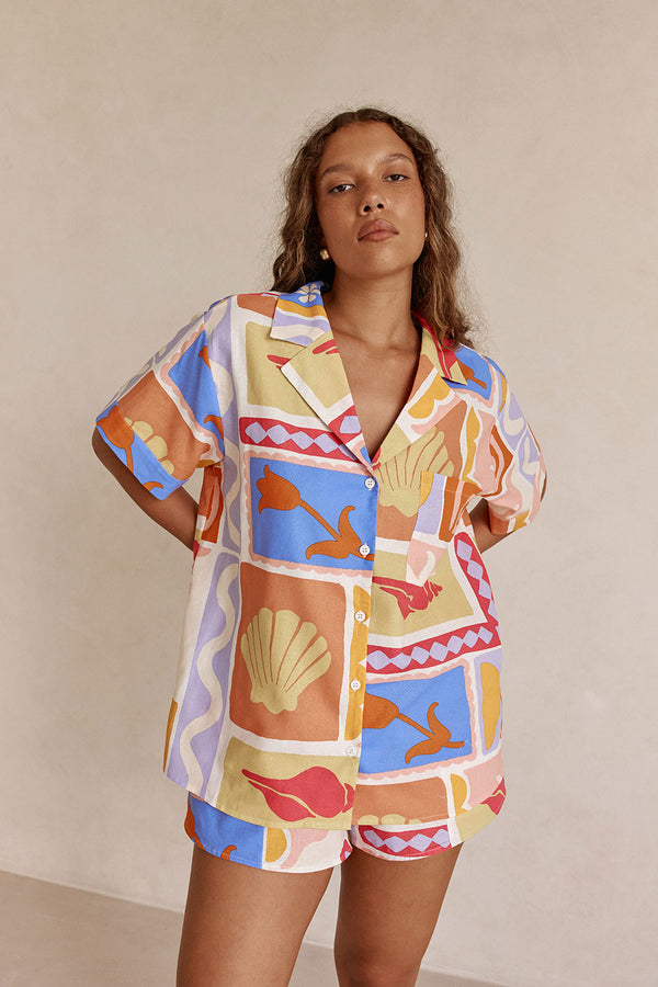 Solis Tropical Print Button Up Short Sleeve Indra Top