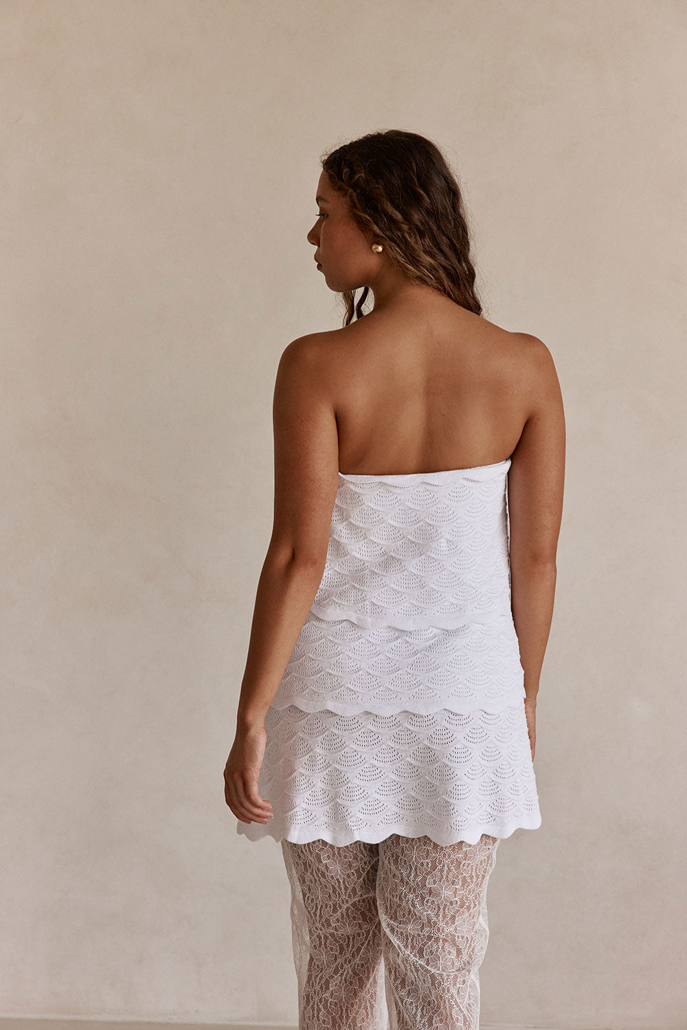 White Ruffle Knit Strapless Mini Arizona Dress