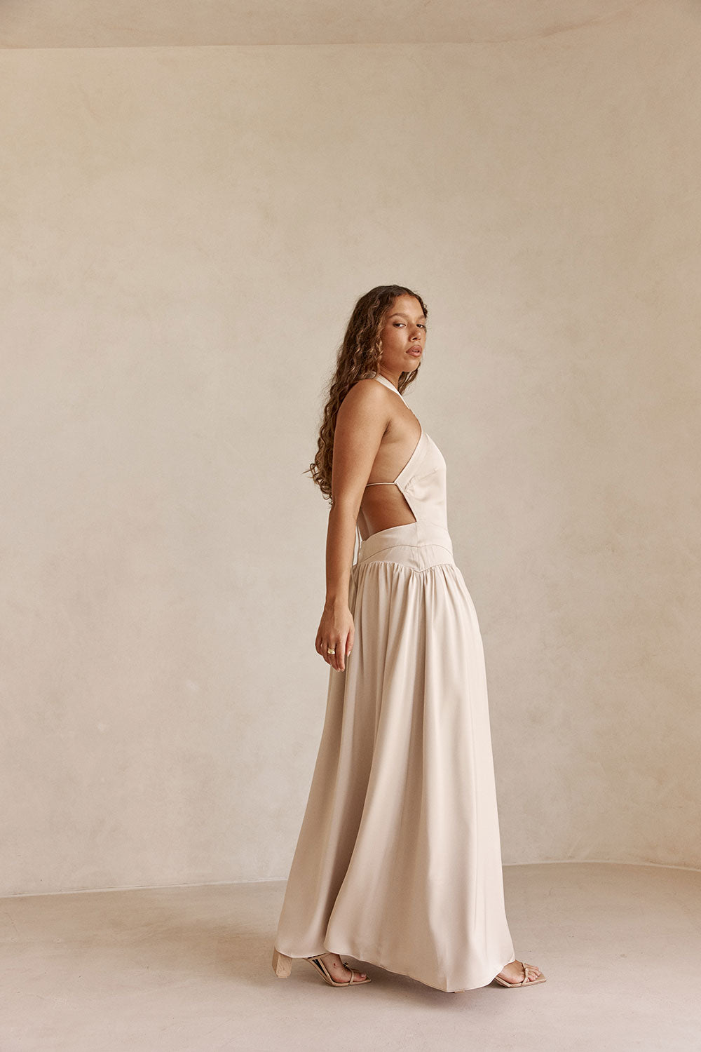 Beige Silky Halter Maxi Rani Dress