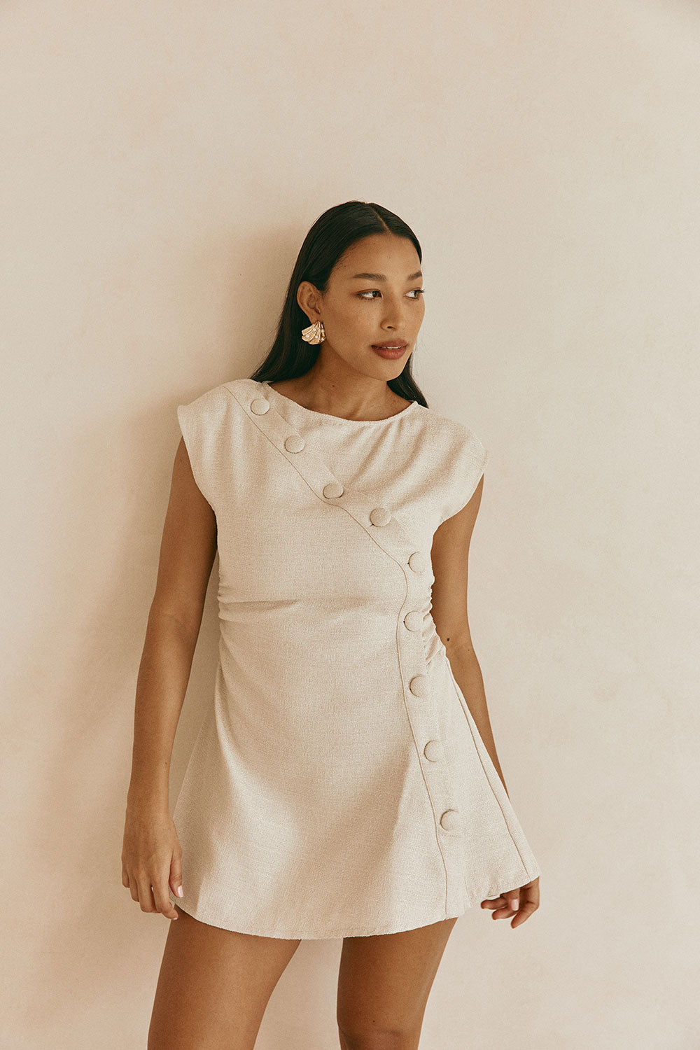 Beige Button Flared Mini Leighton Dress