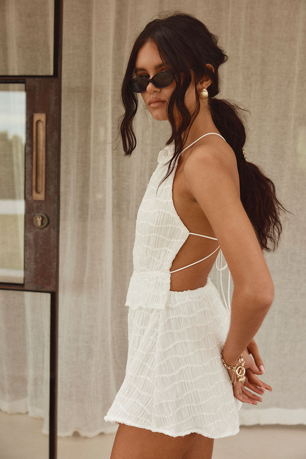 White Textured Backless Halter Neck Adira Playsuit