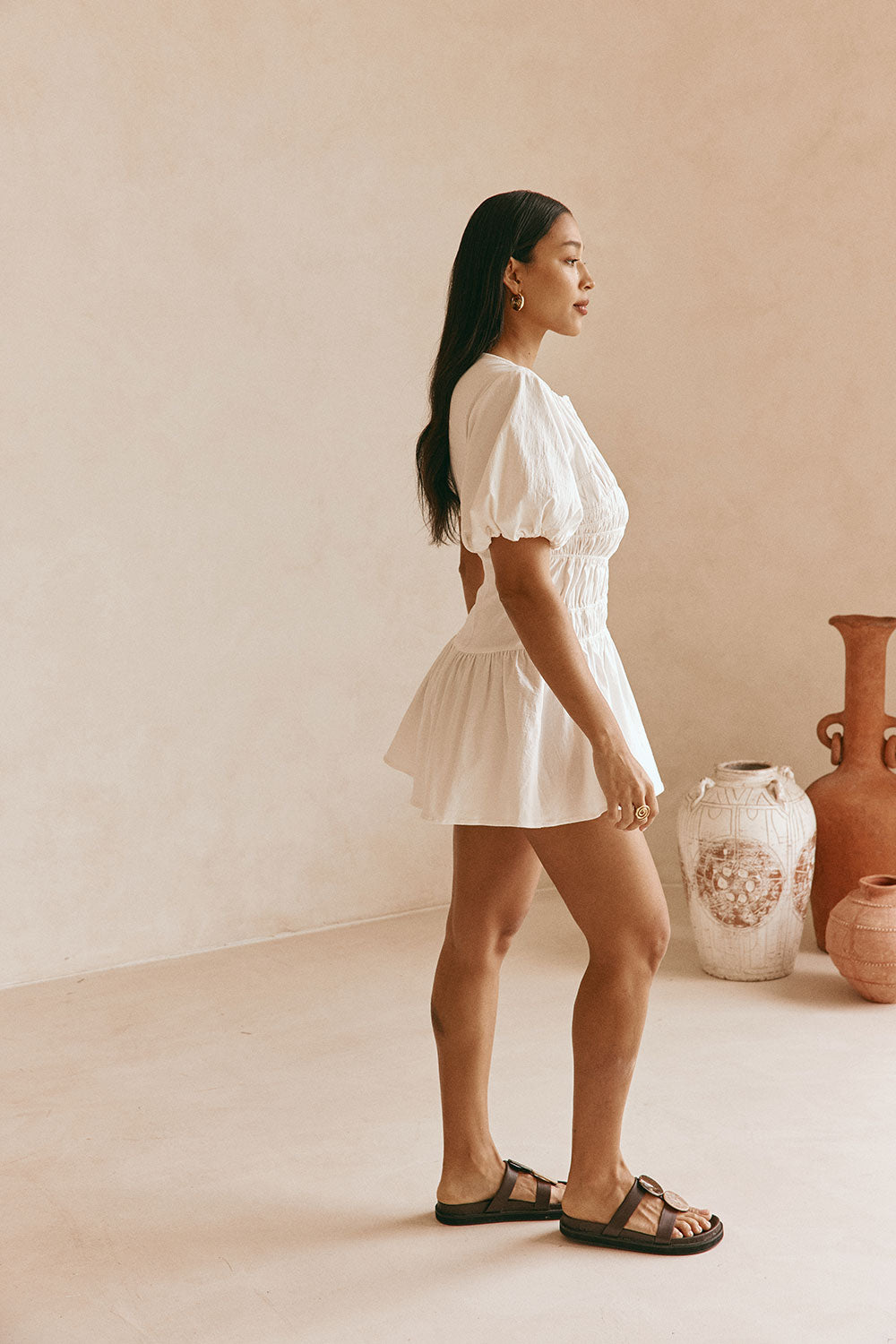 White Cotton Ruched Mini Lou Dress