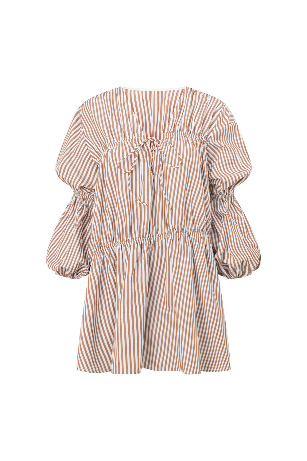 Naloo Long Sleeve Tie Mini Dress - Brown, White Stripe