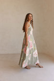 Fiori Green Floral Print V Neck Maxi Emory Dress