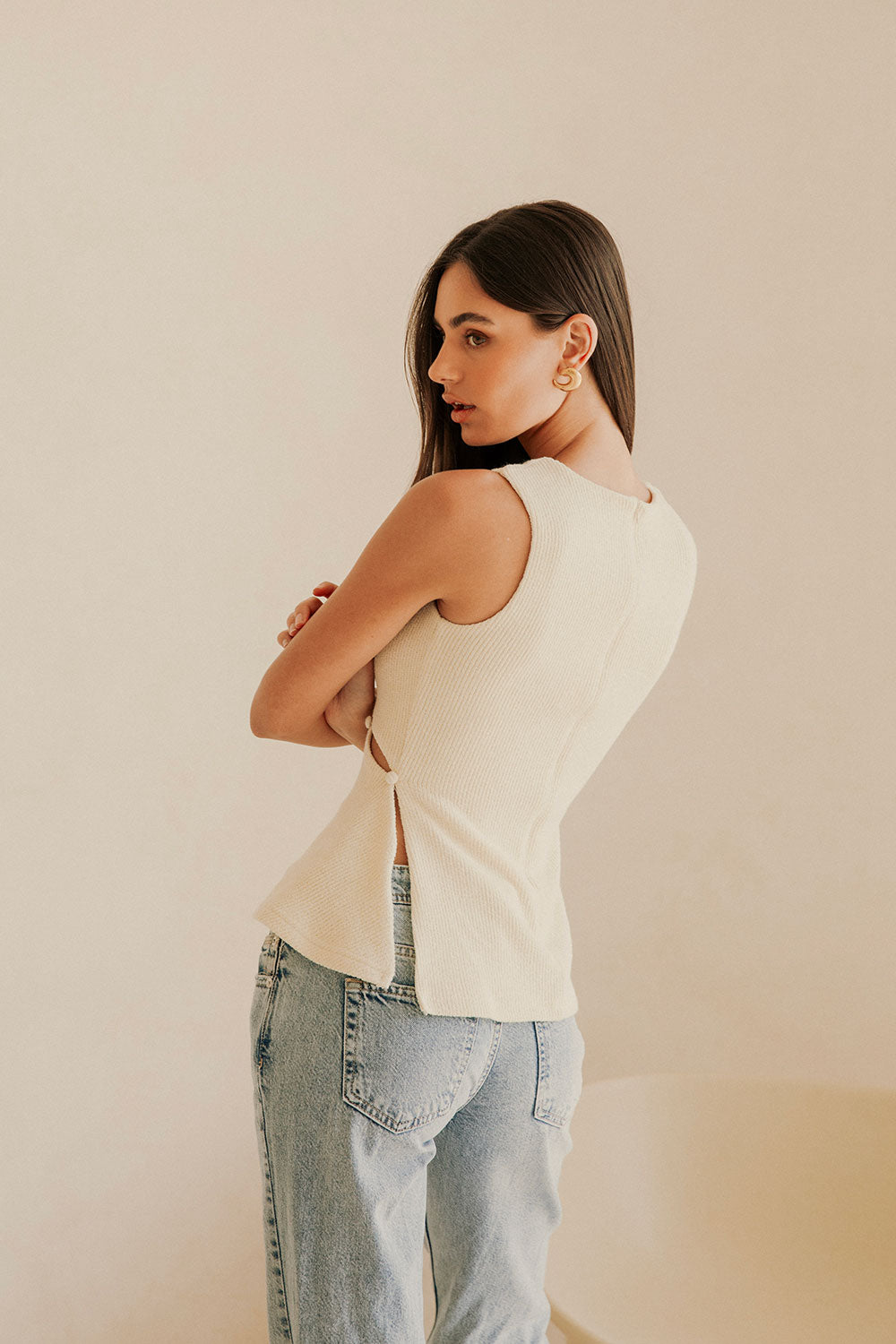 Cream Ribbed Cutout A-Line Bronte Top