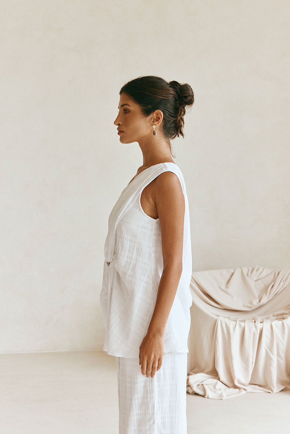 White Plaid One Shoulder Split Knot Sofia Top