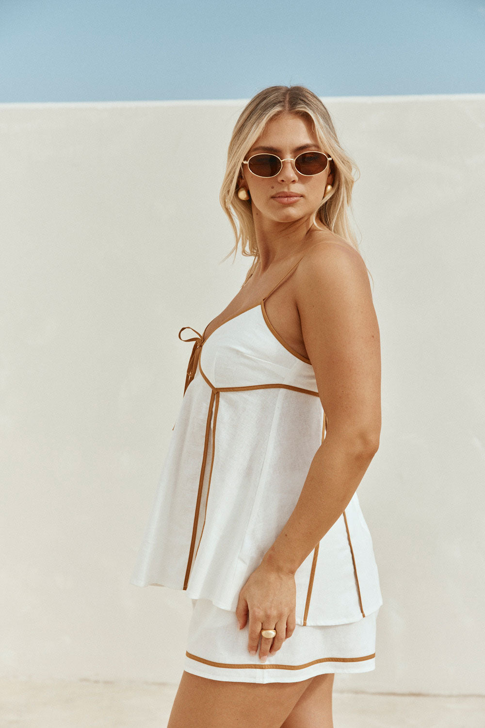 White Linen-Cotton Strappy Flouncy Jayne Top