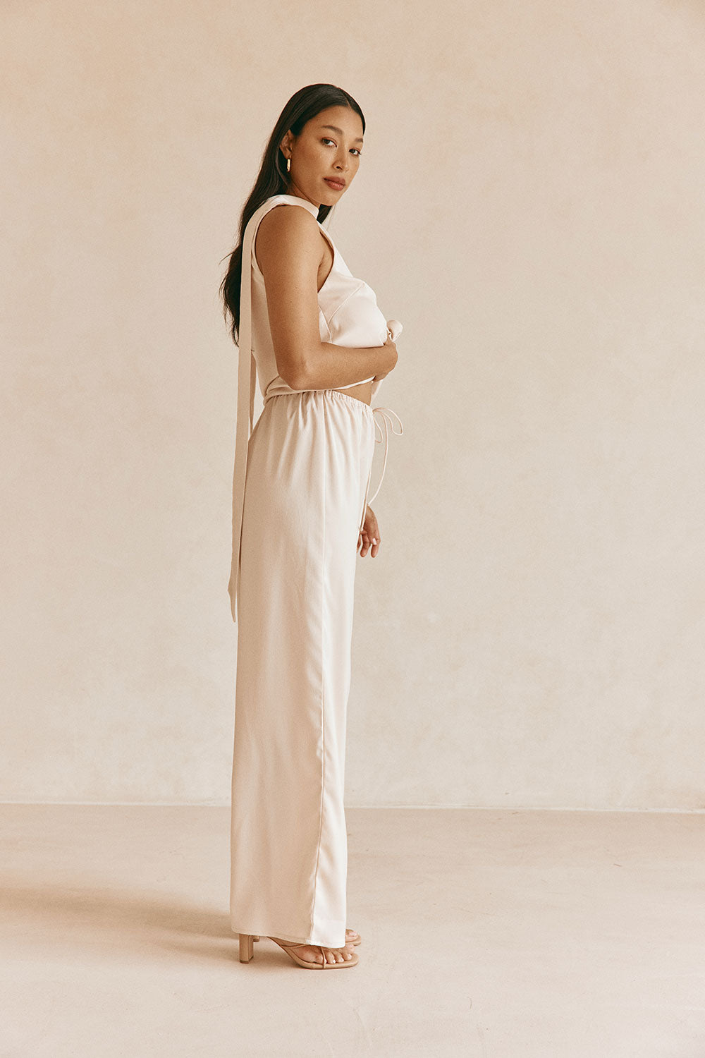 Beige Silky Elastic Drawstring Koda Pants