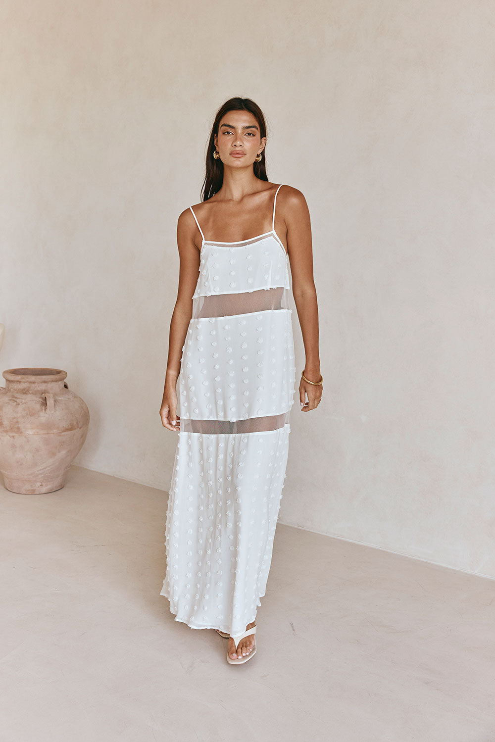 Miliano Adjustable Thin Strap Panelled Maxi Dress - White