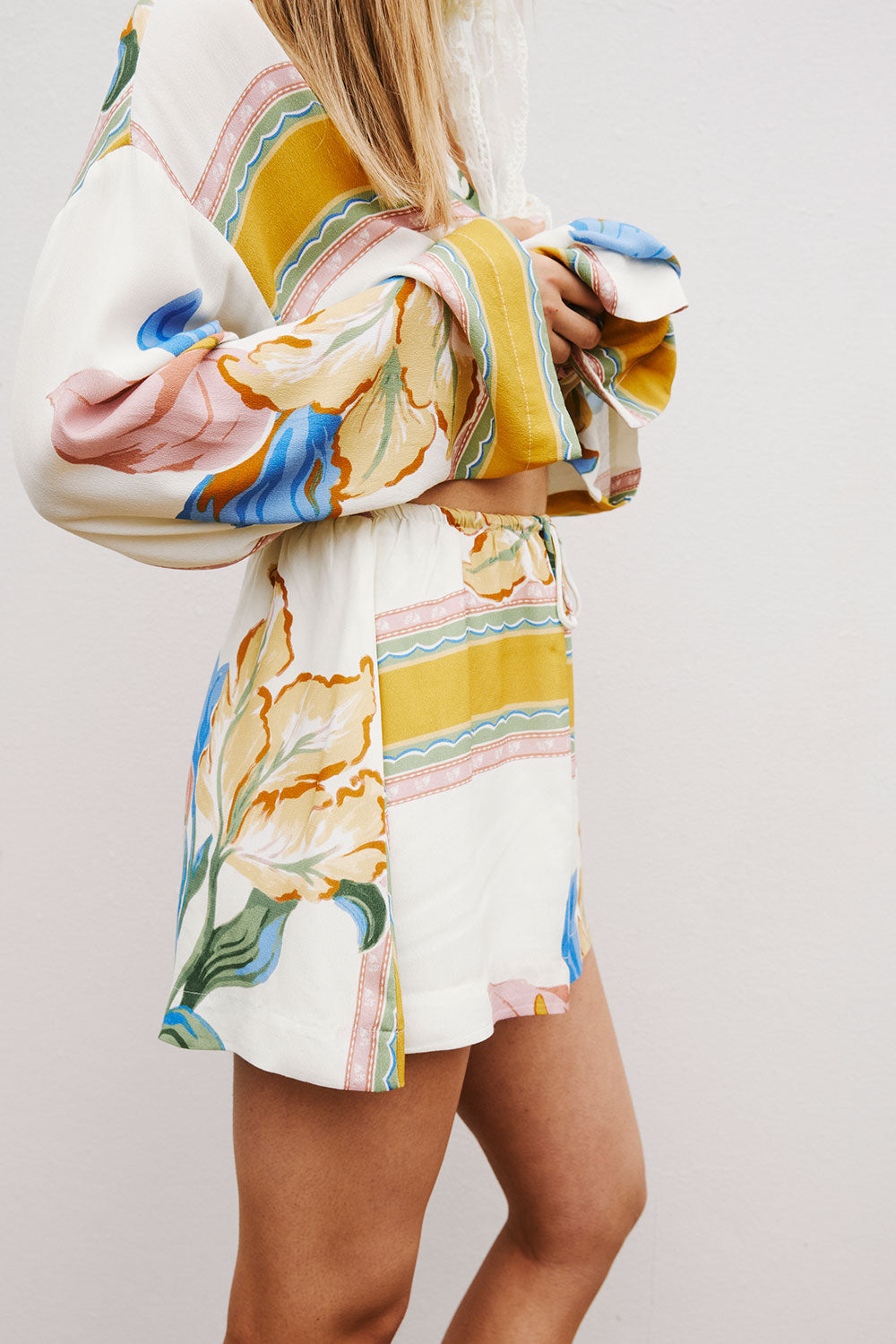 White and Yellow Botanique Drawstring Keziah Shorts