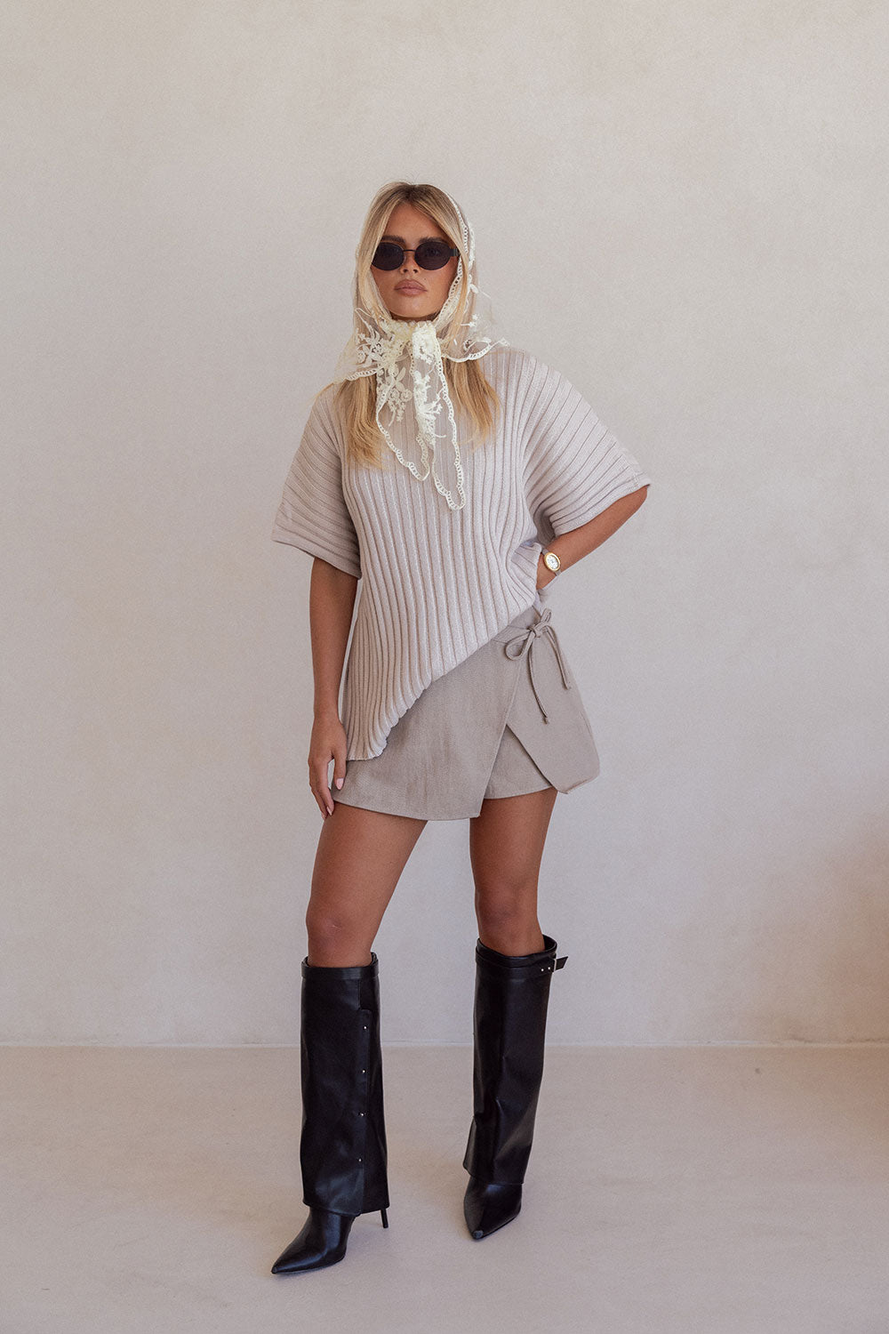 Grey Linen Blend High Waist Wrap Mini Rocio Skort