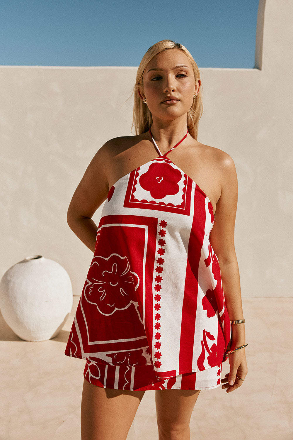 Red Voyage Print Halter A Line Mini Tasmin Dress