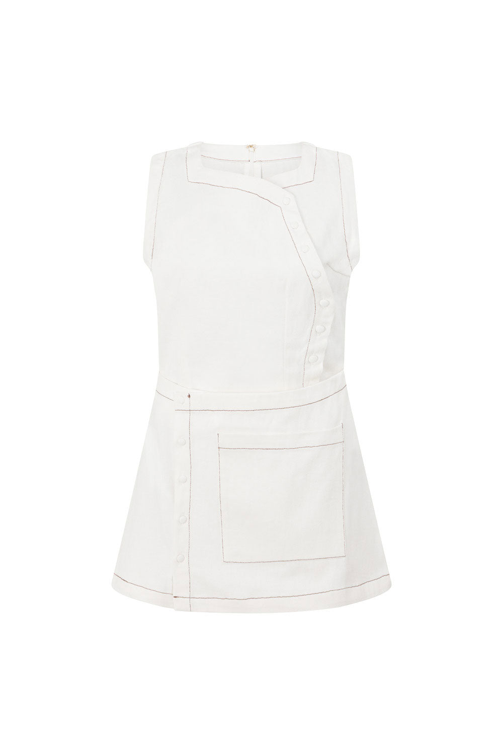 Alexi Button Mini Dress - White, Brown trim
