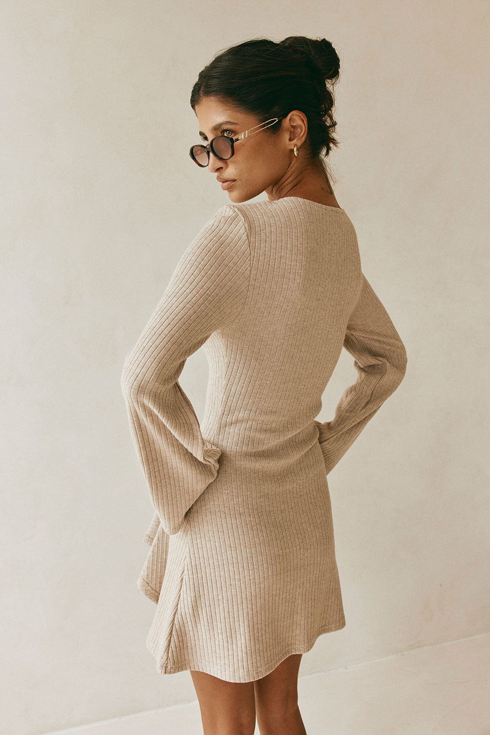 Tan Ribbed Long Sleeve Button Mini Alexia Dress