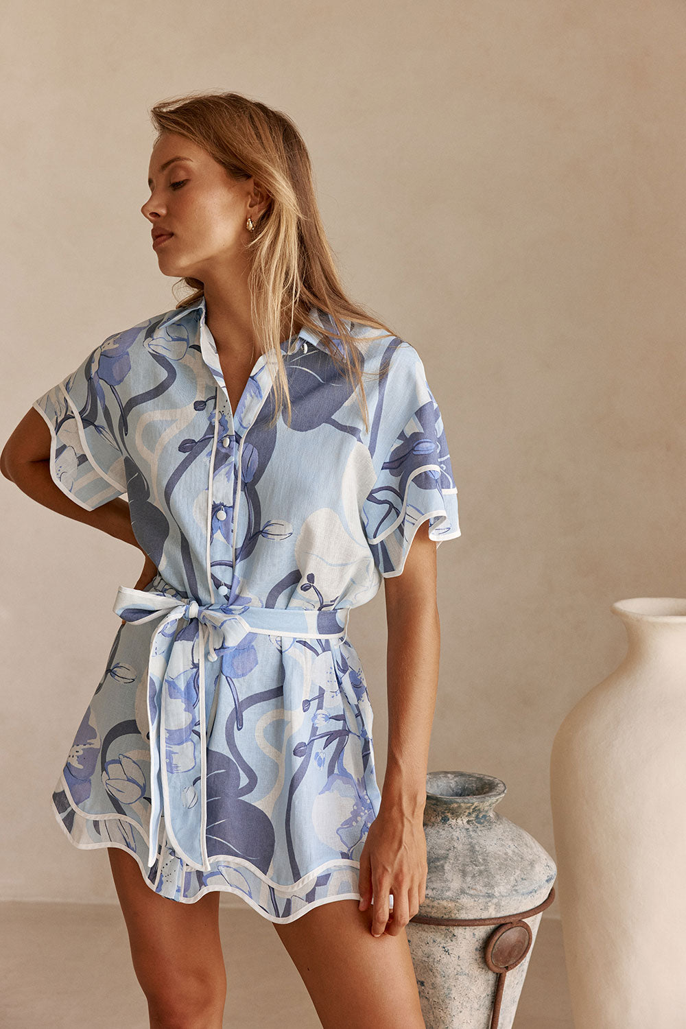 Blue Bouquet Blu Print Button Up Mini Daria Dress