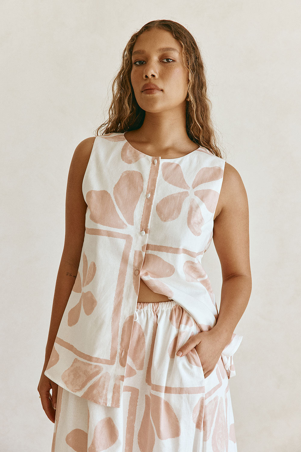 Pink Petal Patch Print Button Up Riko Top