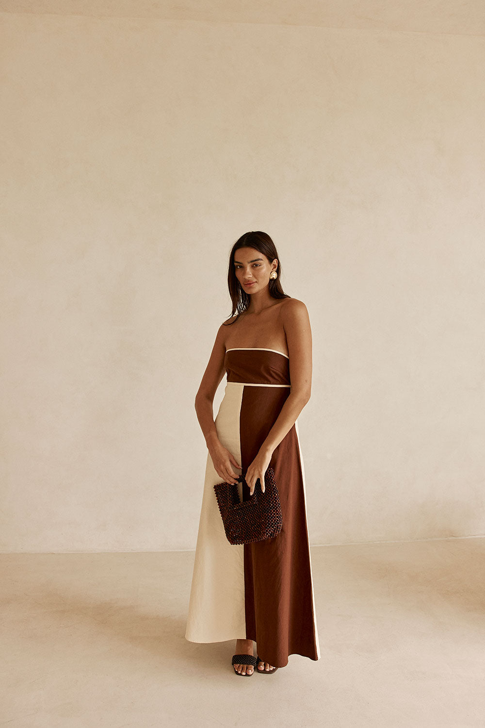 Cream and Brown Strapless Maxi Stormi Dress