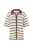 Mia Collared Button Up Short Sleeve Knit Top - Cream, Brown Stripe