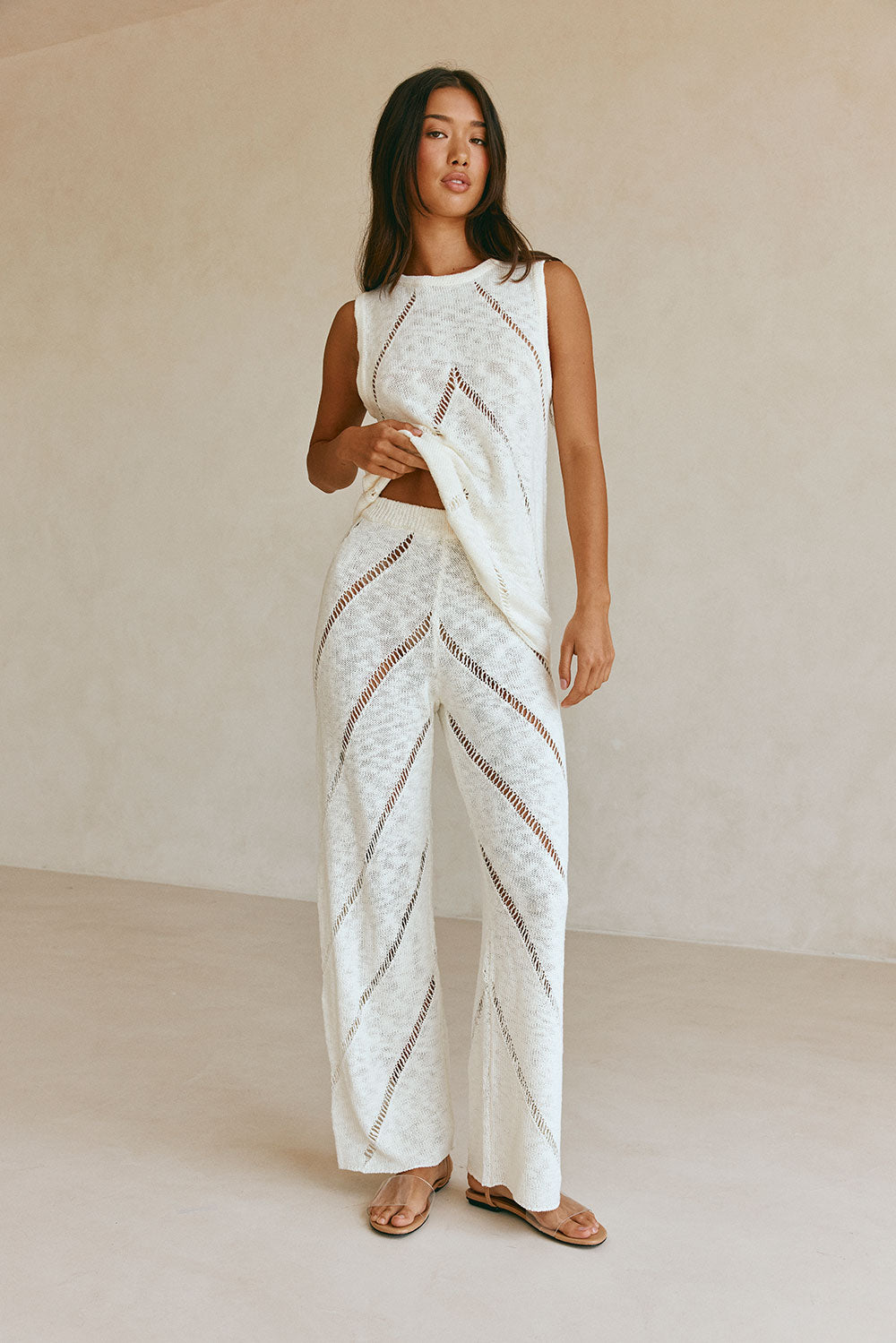 Cream Knit High Waist Ladder Pannel Josiah Pants