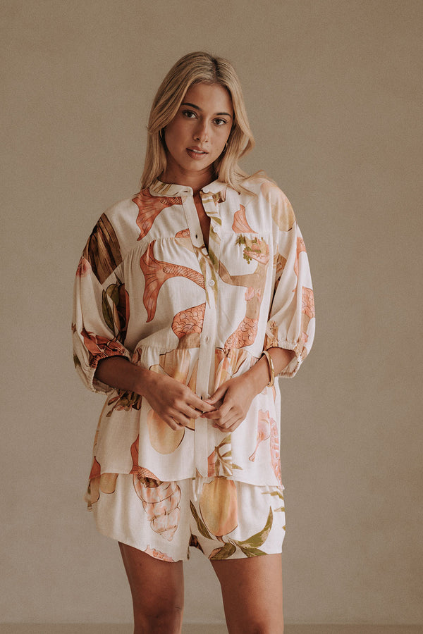 White Short Sleeve Button Up Flounce Lani Top