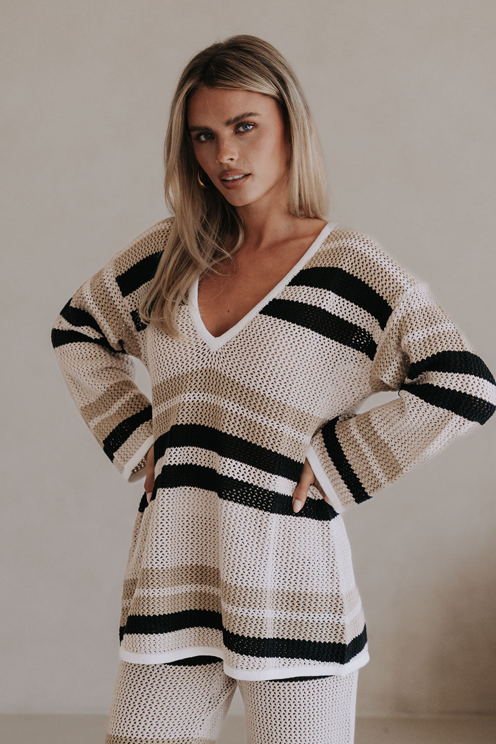 Tan Knit Long Sleeve V Neck Paityn Top