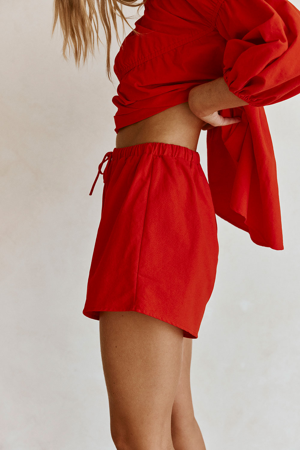 Cherry Red Elastic Drawstring Akel Shorts