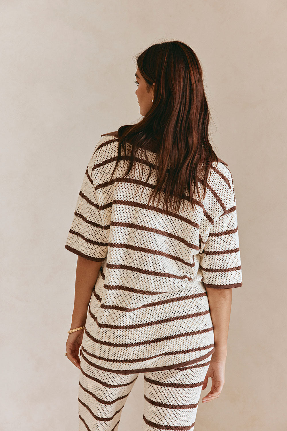 Mia Collared Button Up Short Sleeve Knit Top - Cream, Brown Stripe